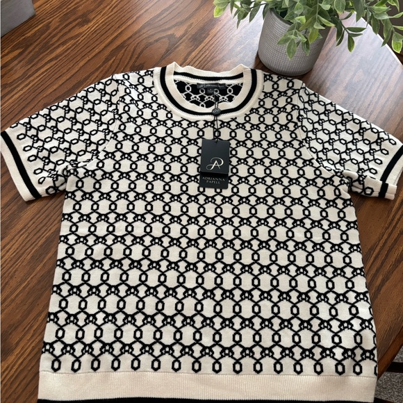 Adrianna Papell Black & Cream Ladies Short Sleeve Fall/Winter Sweater Size S-NWT - Picture 1 of 9